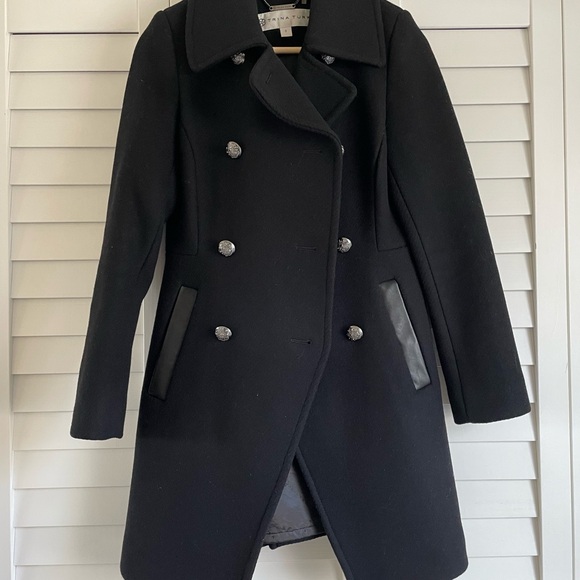 Trina Turk Black Pea Coat with Classic Wide Lapels and Tailored Fit